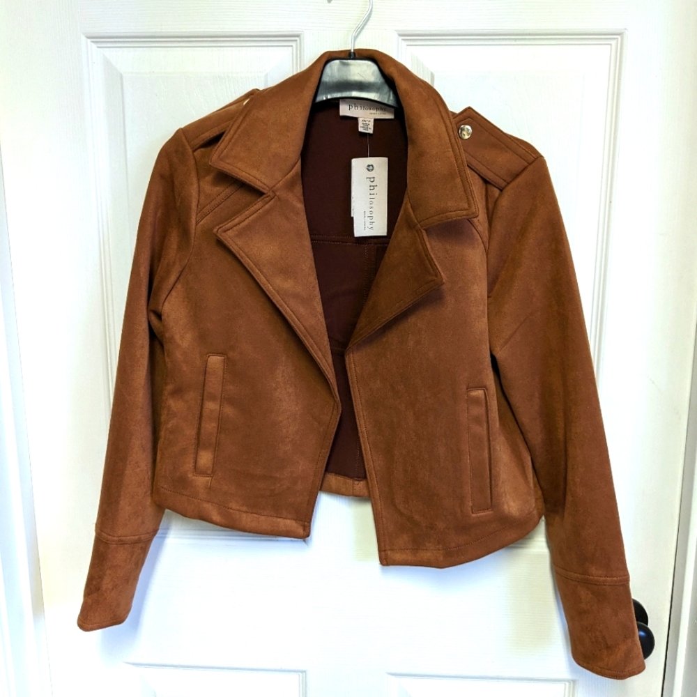Philosophy faux suede moto jacket brown open front NWT Size XS Ladies
